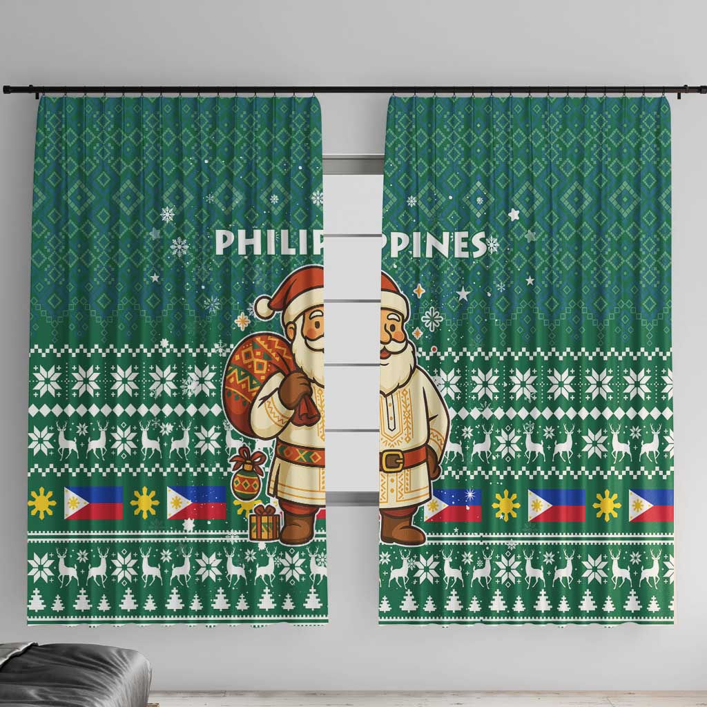 Philippines Christmas Window Curtain with Green Geometric Design, Santa in Barong Tagalog, and National Coat of Arms Motif - Wonder Print Shop