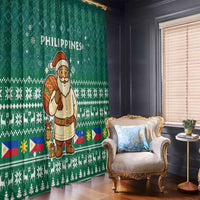 Philippines Christmas Window Curtain with Green Geometric Design, Santa in Barong Tagalog, and National Coat of Arms Motif - Wonder Print Shop