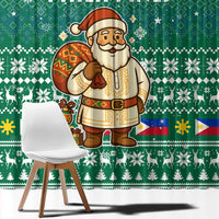 Philippines Christmas Window Curtain with Green Geometric Design, Santa in Barong Tagalog, and National Coat of Arms Motif - Wonder Print Shop