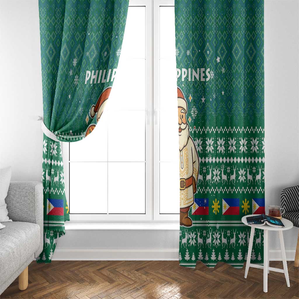 Philippines Christmas Window Curtain with Green Geometric Design, Santa in Barong Tagalog, and National Coat of Arms Motif - Wonder Print Shop