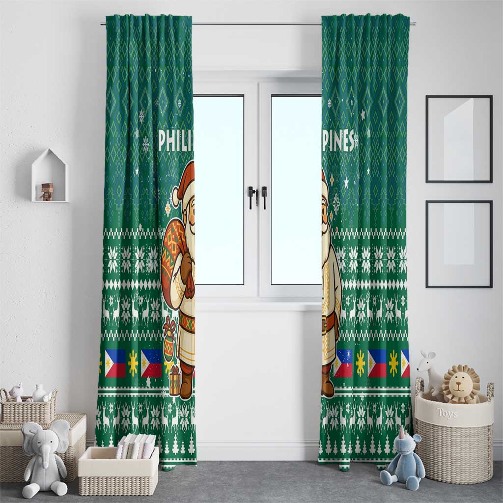 Philippines Christmas Window Curtain with Green Geometric Design, Santa in Barong Tagalog, and National Coat of Arms Motif - Wonder Print Shop