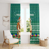 Philippines Christmas Window Curtain with Green Geometric Design, Santa in Barong Tagalog, and National Coat of Arms Motif - Wonder Print Shop