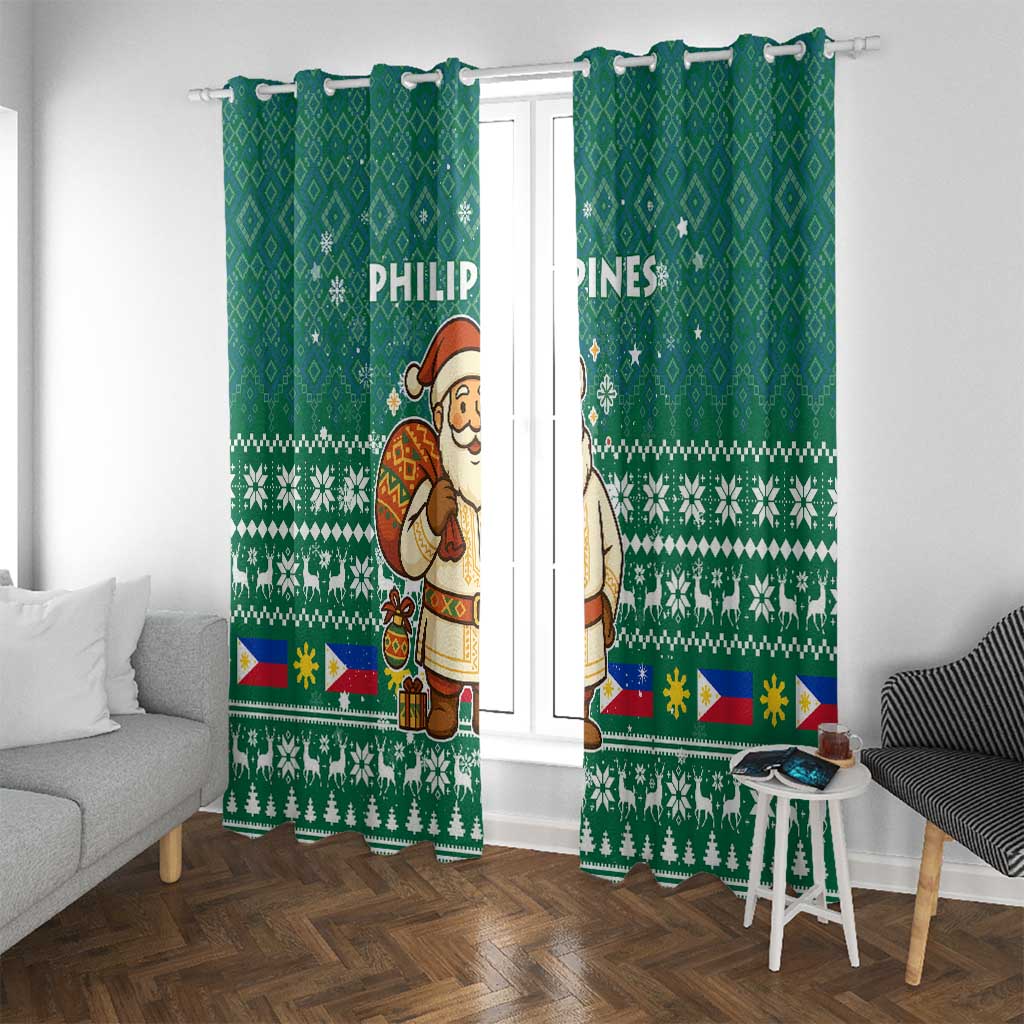 Philippines Christmas Window Curtain with Green Geometric Design, Santa in Barong Tagalog, and National Coat of Arms Motif - Wonder Print Shop