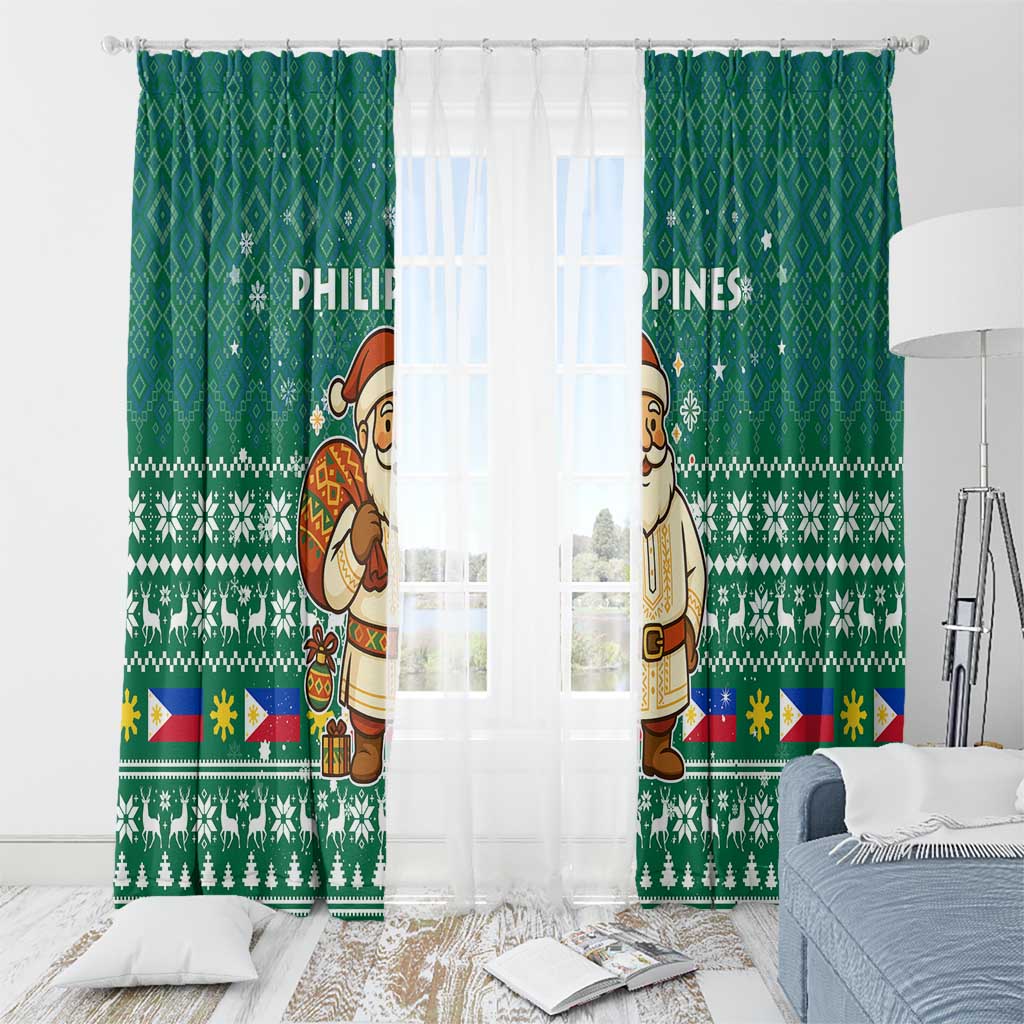 Philippines Christmas Window Curtain with Green Geometric Design, Santa in Barong Tagalog, and National Coat of Arms Motif - Wonder Print Shop