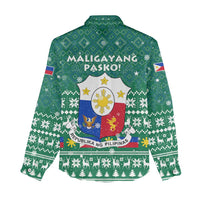 Philippines Christmas Women Casual Shirt with Green Geometric Design, Santa in Barong Tagalog, and National Coat of Arms Motif - Wonder Print Shop