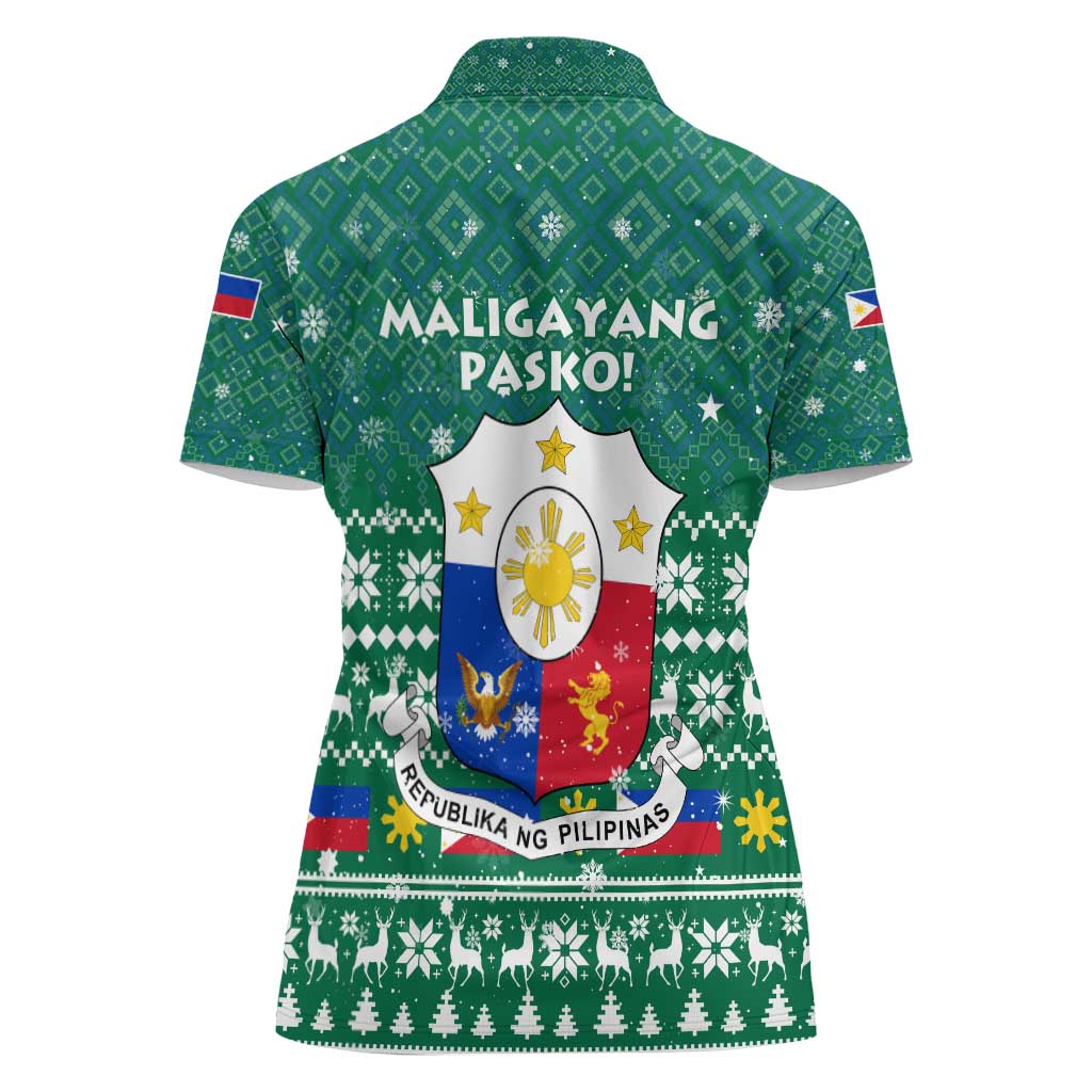 Philippines Christmas Women Polo Shirt with Green Geometric Design, Santa in Barong Tagalog, and National Coat of Arms Motif - Wonder Print Shop