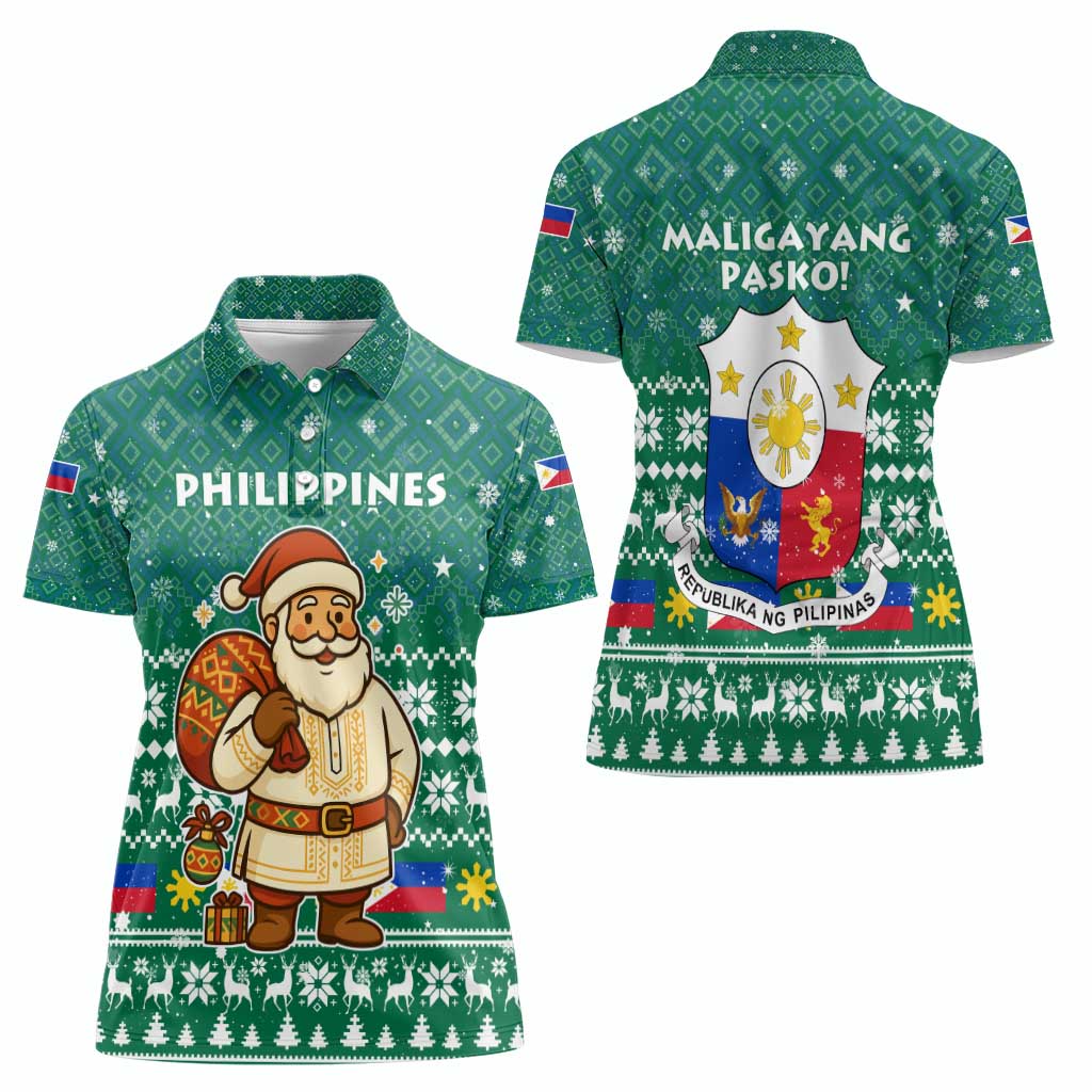 Philippines Christmas Women Polo Shirt with Green Geometric Design, Santa in Barong Tagalog, and National Coat of Arms Motif - Wonder Print Shop