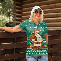 Philippines Christmas Women Polo Shirt with Green Geometric Design, Santa in Barong Tagalog, and National Coat of Arms Motif - Wonder Print Shop
