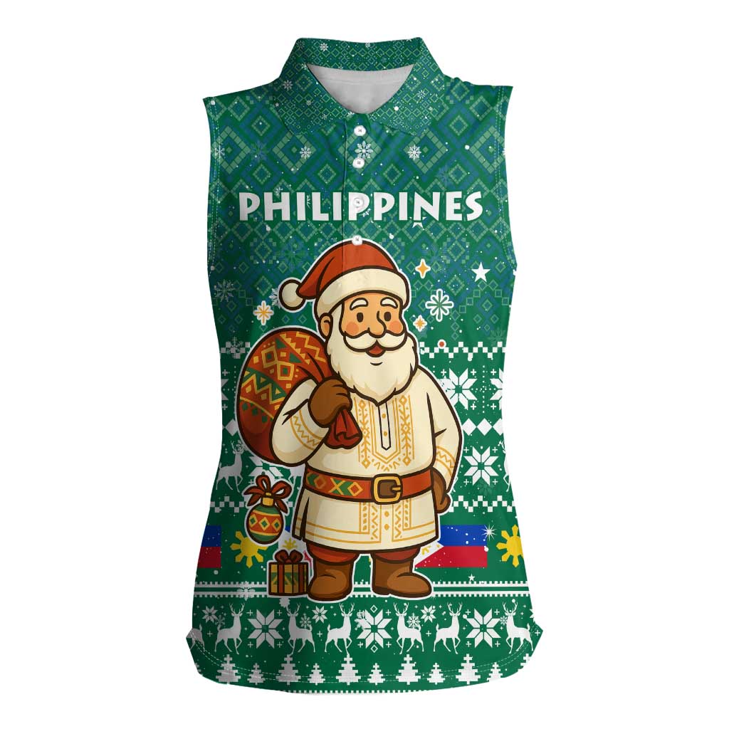Philippines Christmas Women Sleeveless Polo Shirt with Green Geometric Design, Santa in Barong Tagalog, and National Coat of Arms Motif - Wonder Print Shop