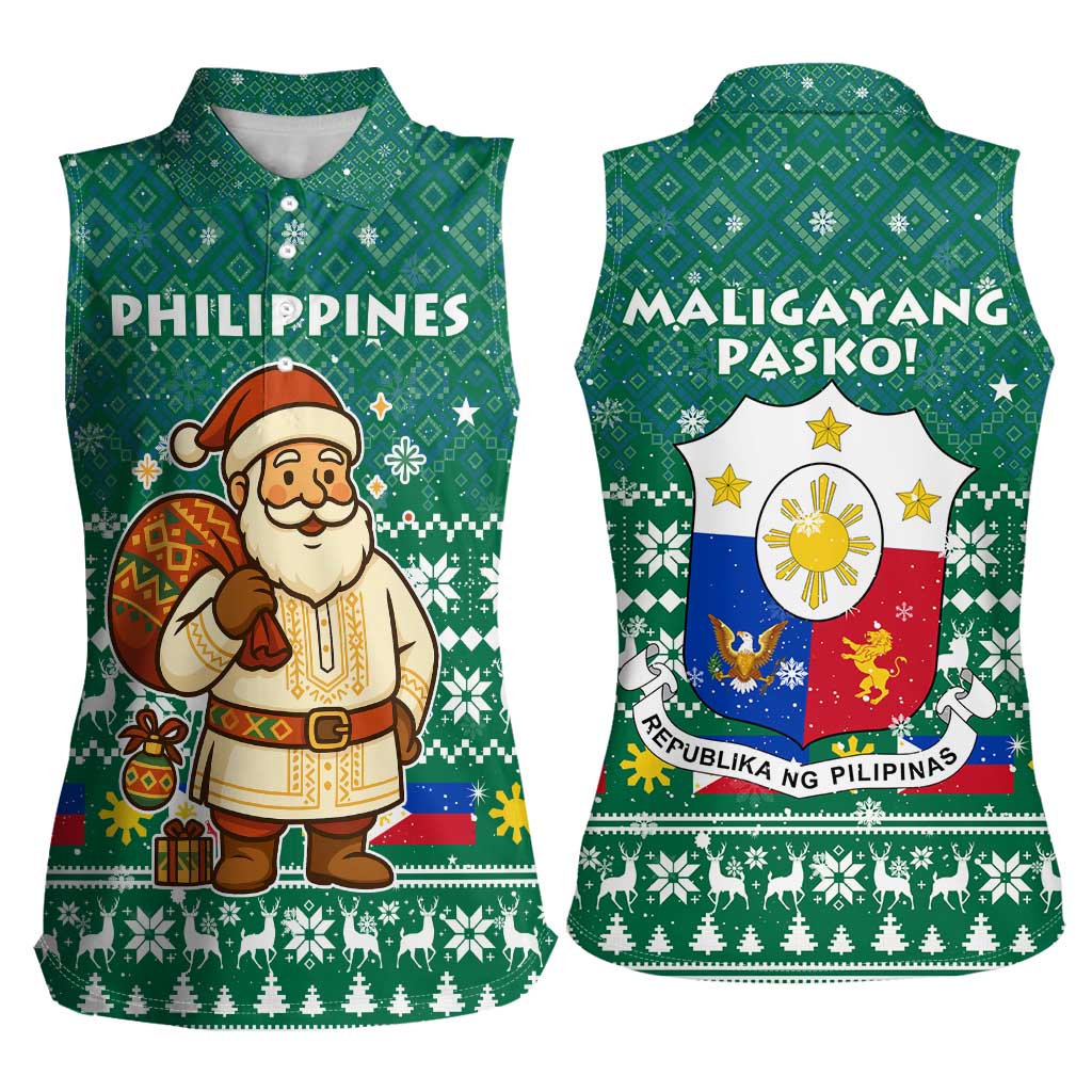 Philippines Christmas Women Sleeveless Polo Shirt with Green Geometric Design, Santa in Barong Tagalog, and National Coat of Arms Motif - Wonder Print Shop