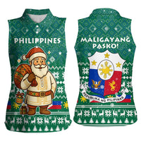 Philippines Christmas Women Sleeveless Polo Shirt with Green Geometric Design, Santa in Barong Tagalog, and National Coat of Arms Motif - Wonder Print Shop
