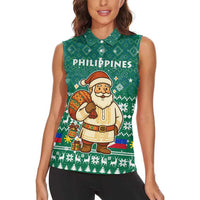 Philippines Christmas Women Sleeveless Polo Shirt with Green Geometric Design, Santa in Barong Tagalog, and National Coat of Arms Motif - Wonder Print Shop