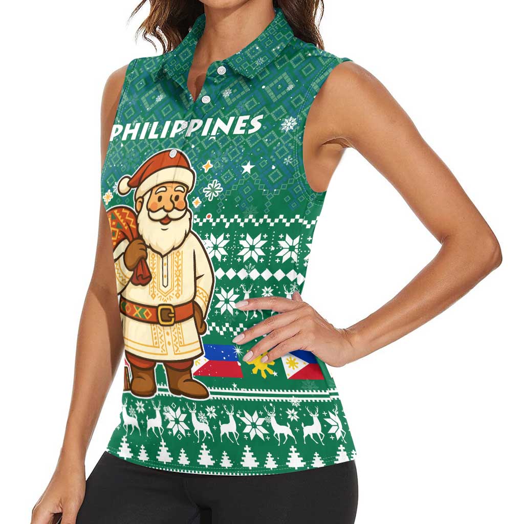 Philippines Christmas Women Sleeveless Polo Shirt with Green Geometric Design, Santa in Barong Tagalog, and National Coat of Arms Motif - Wonder Print Shop
