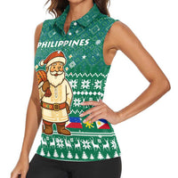 Philippines Christmas Women Sleeveless Polo Shirt with Green Geometric Design, Santa in Barong Tagalog, and National Coat of Arms Motif - Wonder Print Shop