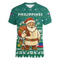 Philippines Christmas Women V-Neck T-Shirt with Green Geometric Design, Santa in Barong Tagalog, and National Coat of Arms Motif - Wonder Print Shop