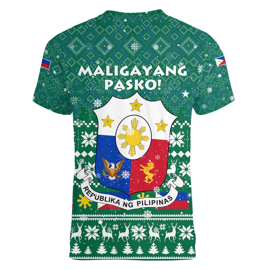 Philippines Christmas Women V-Neck T-Shirt with Green Geometric Design, Santa in Barong Tagalog, and National Coat of Arms Motif - Wonder Print Shop