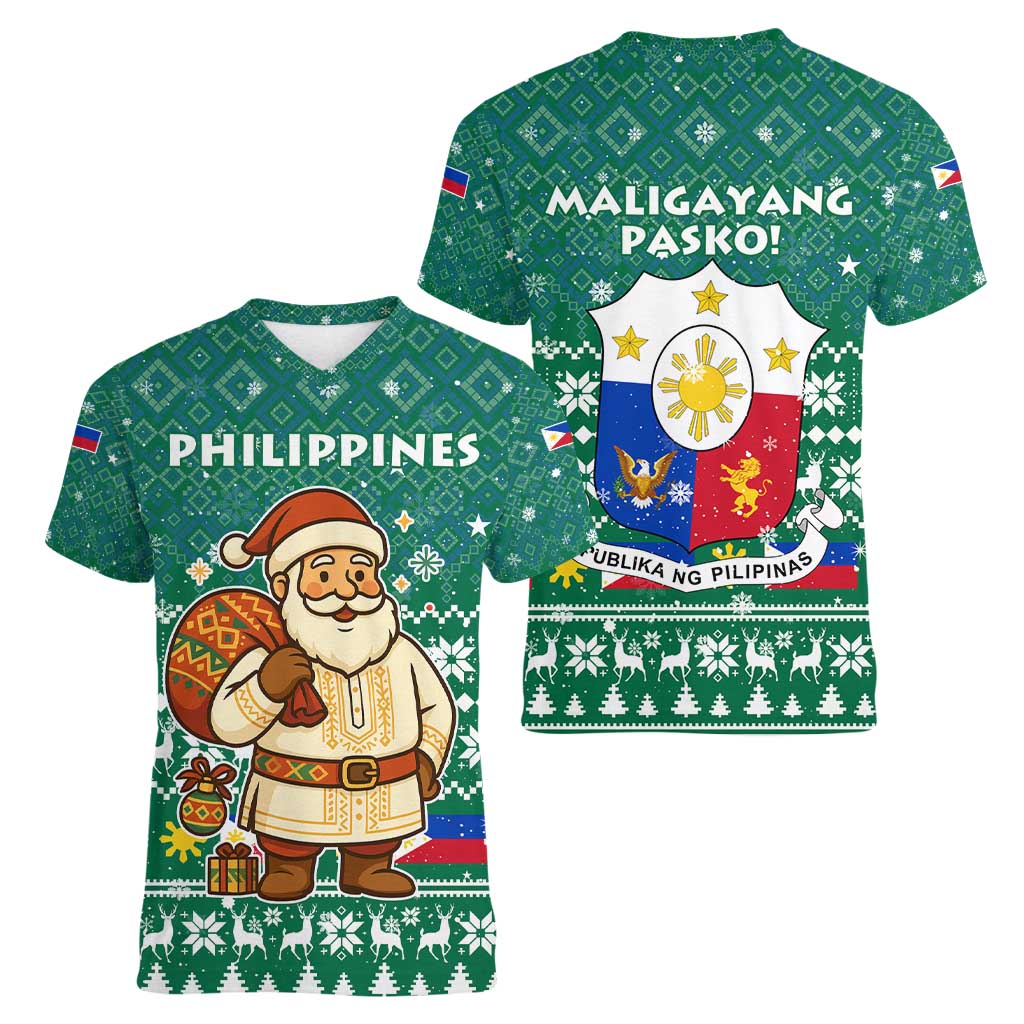 Philippines Christmas Women V-Neck T-Shirt with Green Geometric Design, Santa in Barong Tagalog, and National Coat of Arms Motif - Wonder Print Shop