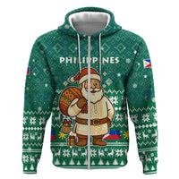 Philippines Christmas Zip Hoodie with Green Geometric Design, Santa in Barong Tagalog, and National Coat of Arms Motif - Wonder Print Shop