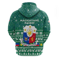 Philippines Christmas Zip Hoodie with Green Geometric Design, Santa in Barong Tagalog, and National Coat of Arms Motif - Wonder Print Shop