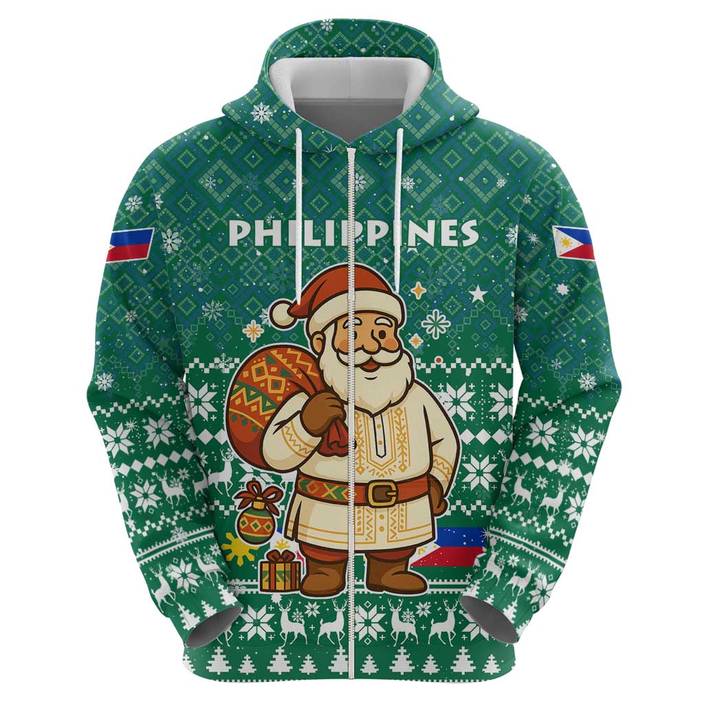 Philippines Christmas Zip Hoodie with Green Geometric Design, Santa in Barong Tagalog, and National Coat of Arms Motif - Wonder Print Shop