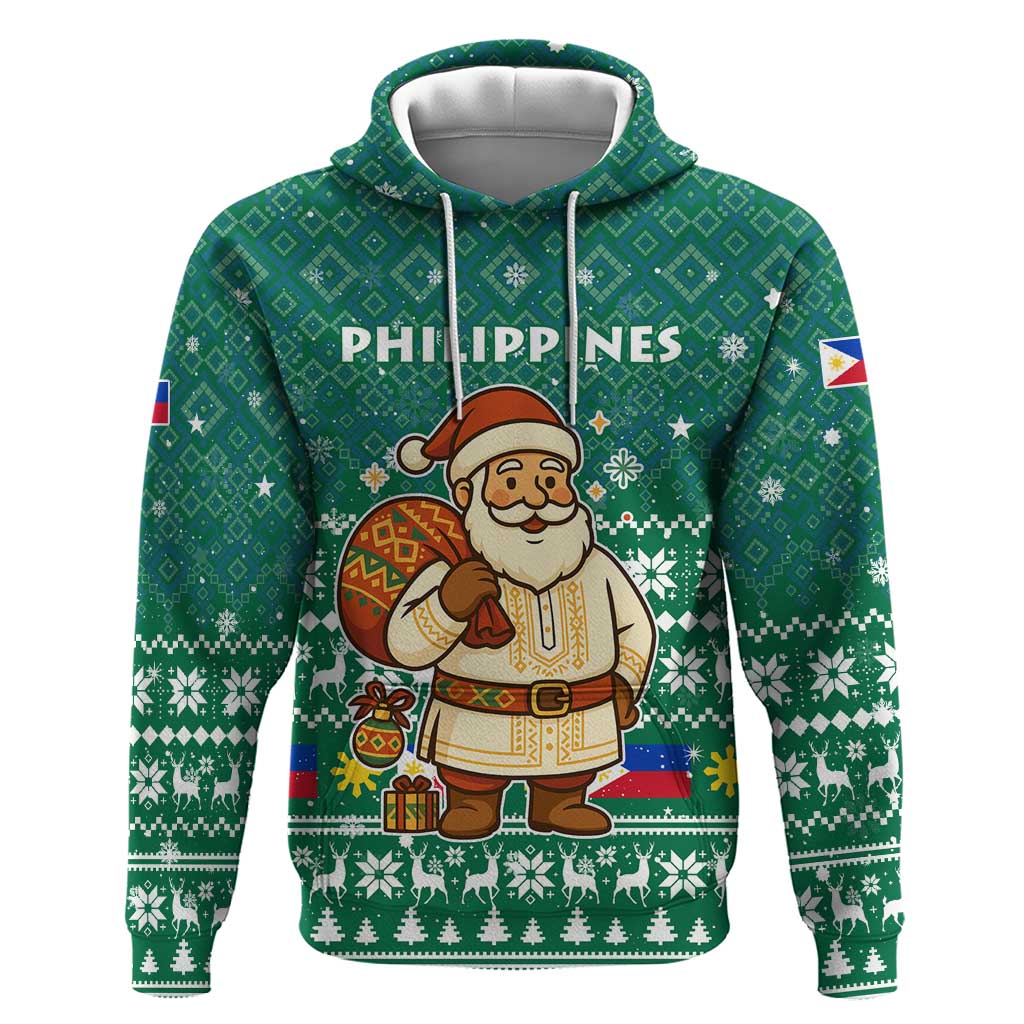 Philippines Christmas Zip Hoodie with Green Geometric Design, Santa in Barong Tagalog, and National Coat of Arms Motif - Wonder Print Shop