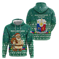 Philippines Christmas Zip Hoodie with Green Geometric Design, Santa in Barong Tagalog, and National Coat of Arms Motif - Wonder Print Shop