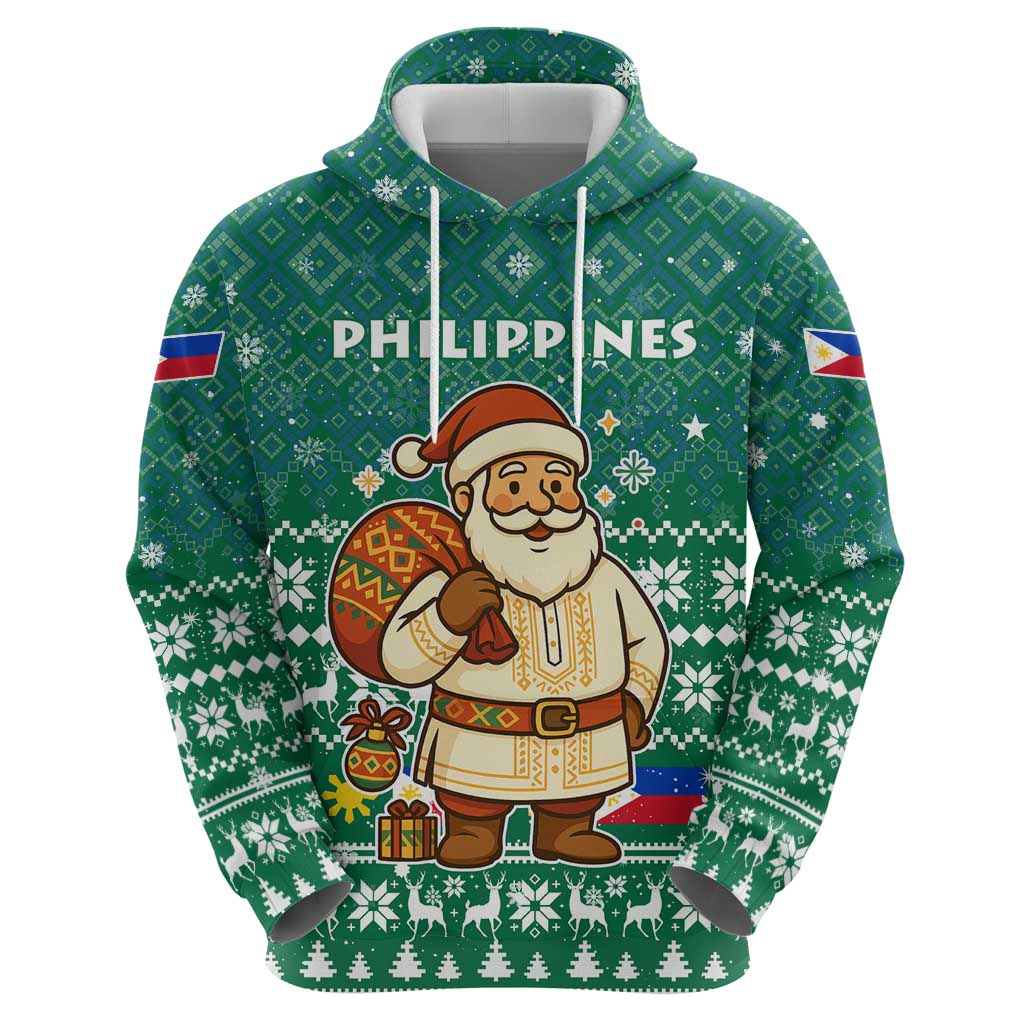 Philippines Christmas Zip Hoodie with Green Geometric Design, Santa in Barong Tagalog, and National Coat of Arms Motif - Wonder Print Shop