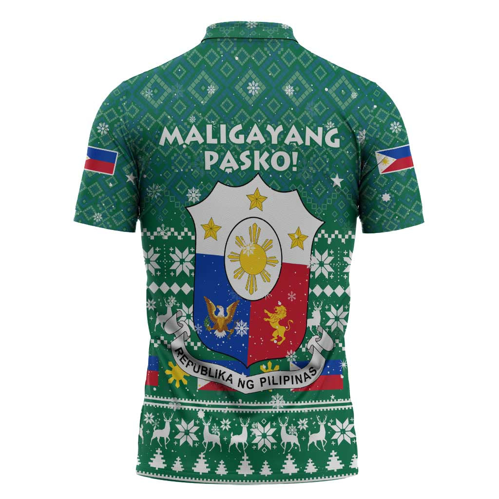 Philippines Christmas Zipper Polo Shirt with Green Geometric Design, Santa in Barong Tagalog, and National Coat of Arms Motif - Wonder Print Shop