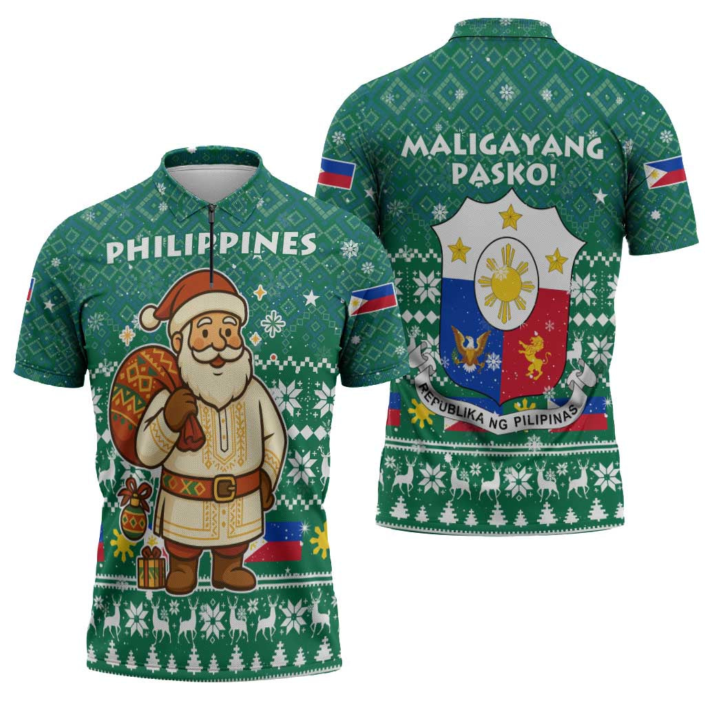 Philippines Christmas Zipper Polo Shirt with Green Geometric Design, Santa in Barong Tagalog, and National Coat of Arms Motif - Wonder Print Shop