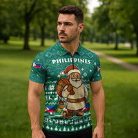 Philippines Christmas Zipper Polo Shirt with Green Geometric Design, Santa in Barong Tagalog, and National Coat of Arms Motif - Wonder Print Shop