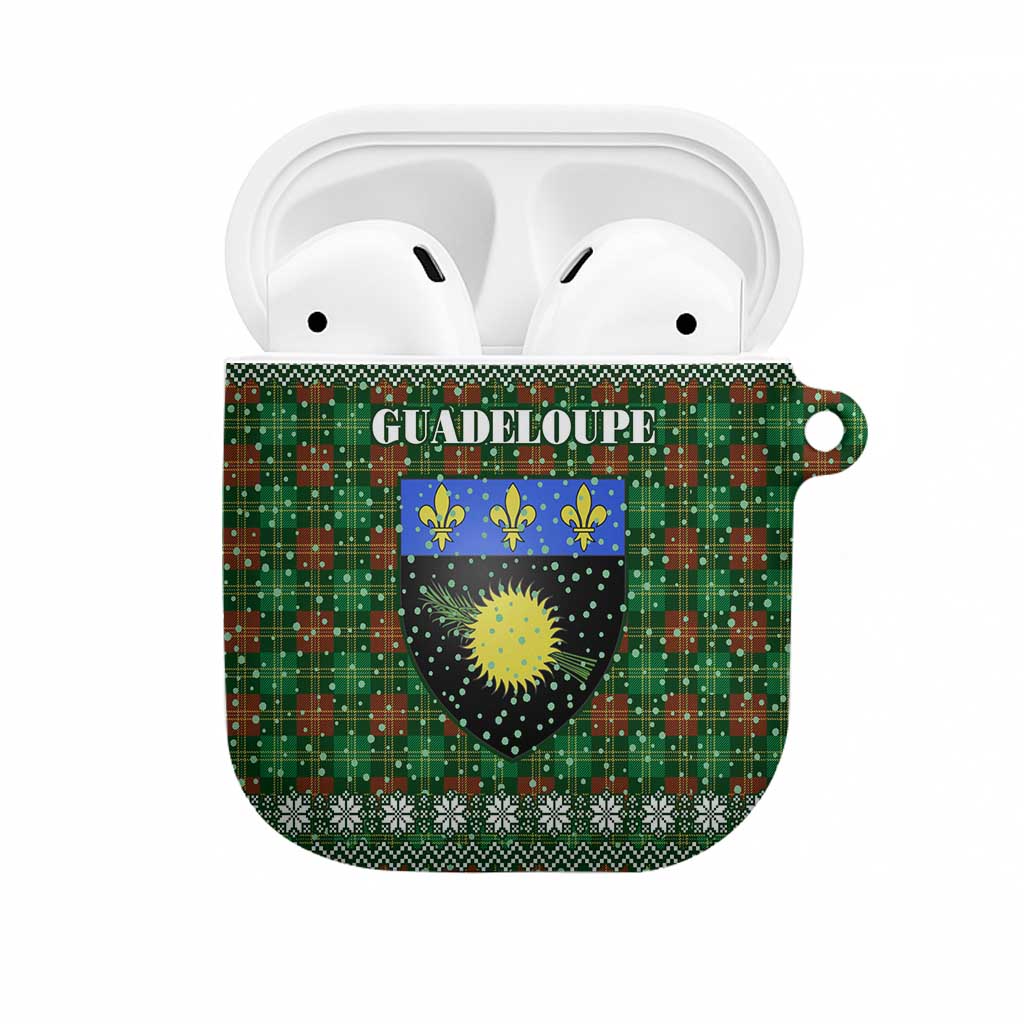 Guadeloupe Christmas AirPods Case with Green-Red Plaid Design, Sun and Sugarcane Emblem, and Santa Sleigh Motif - Wonder Print Shop