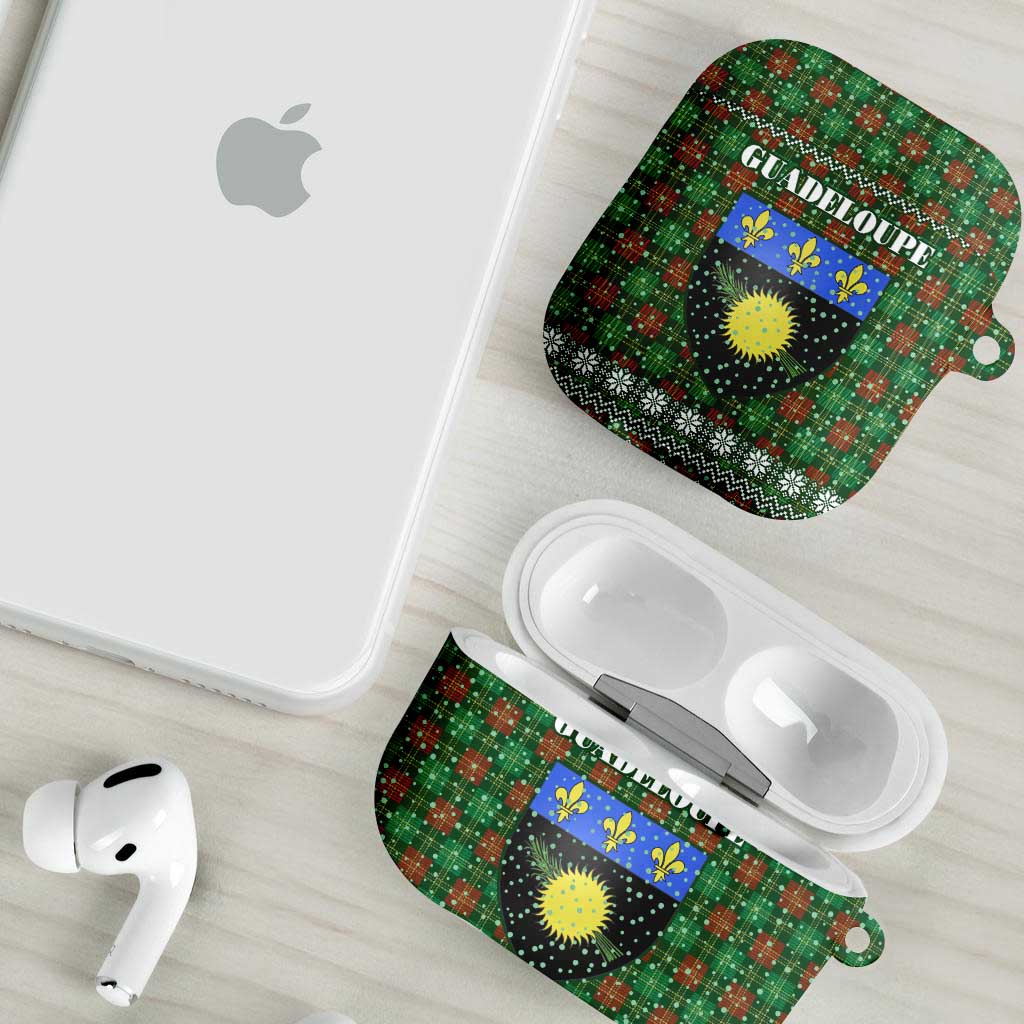 Guadeloupe Christmas AirPods Case with Green-Red Plaid Design, Sun and Sugarcane Emblem, and Santa Sleigh Motif - Wonder Print Shop