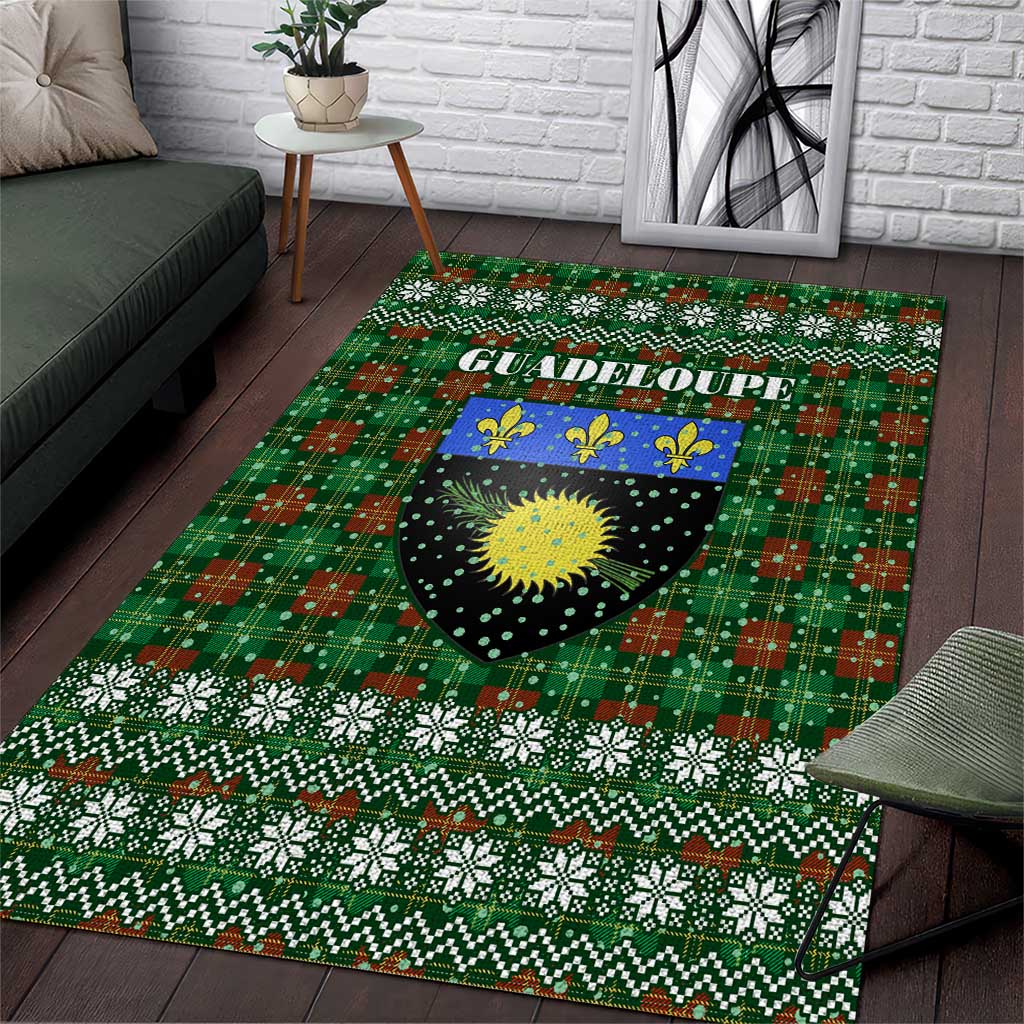 Guadeloupe Christmas Area Rug with Green-Red Plaid Design, Sun and Sugarcane Emblem, and Santa Sleigh Motif - Wonder Print Shop