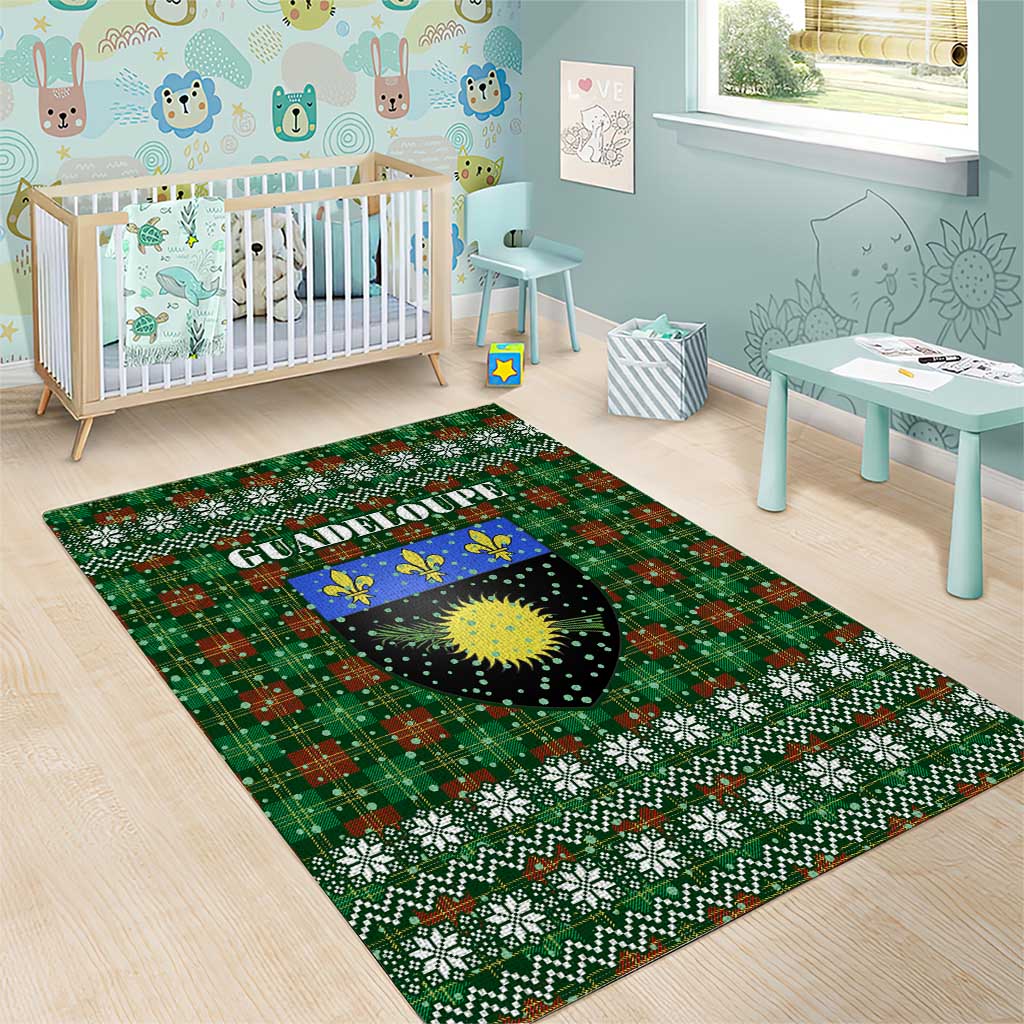 Guadeloupe Christmas Area Rug with Green-Red Plaid Design, Sun and Sugarcane Emblem, and Santa Sleigh Motif - Wonder Print Shop