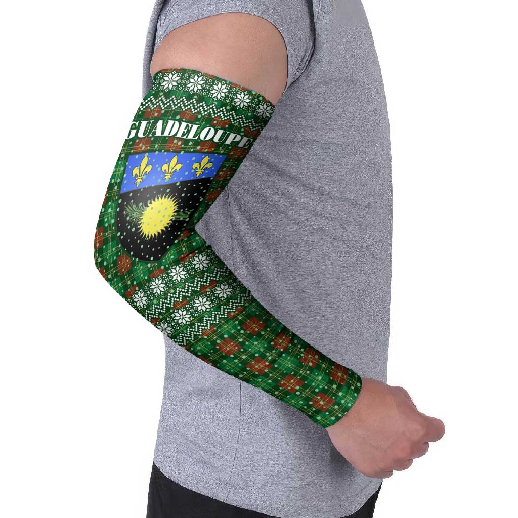 Guadeloupe Christmas Arm Sleeves with Green-Red Plaid Design, Sun and Sugarcane Emblem, and Santa Sleigh Motif - Wonder Print Shop