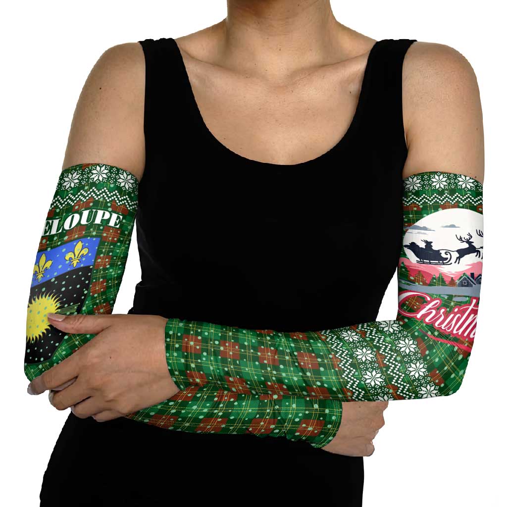 Guadeloupe Christmas Arm Sleeves with Green-Red Plaid Design, Sun and Sugarcane Emblem, and Santa Sleigh Motif - Wonder Print Shop