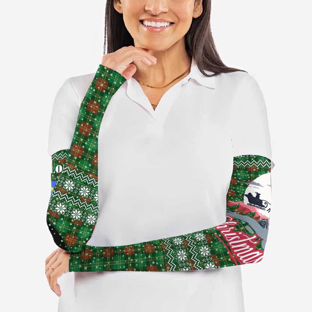 Guadeloupe Christmas Arm Sleeves with Green-Red Plaid Design, Sun and Sugarcane Emblem, and Santa Sleigh Motif - Wonder Print Shop