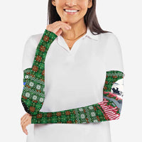 Guadeloupe Christmas Arm Sleeves with Green-Red Plaid Design, Sun and Sugarcane Emblem, and Santa Sleigh Motif - Wonder Print Shop