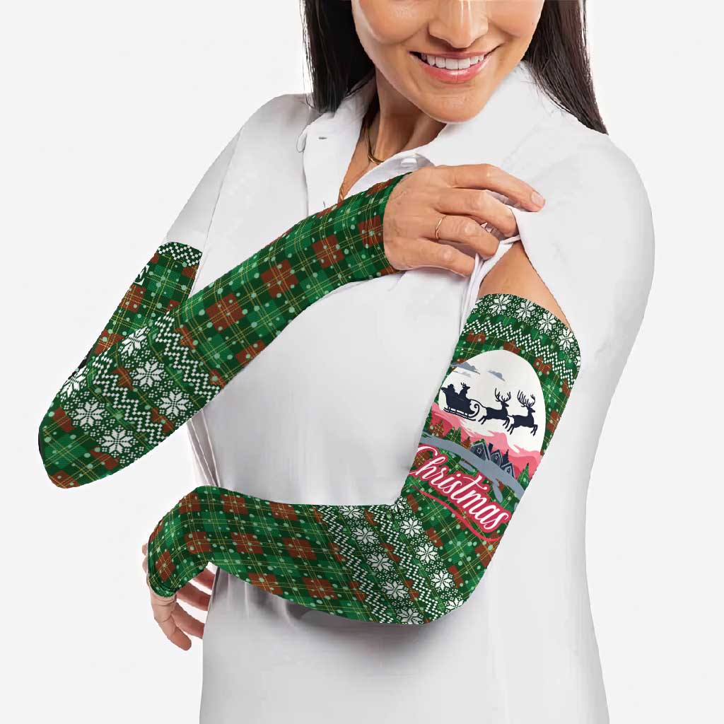 Guadeloupe Christmas Arm Sleeves with Green-Red Plaid Design, Sun and Sugarcane Emblem, and Santa Sleigh Motif - Wonder Print Shop