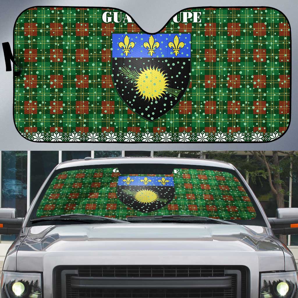 Guadeloupe Christmas Auto Sun Shade with Green-Red Plaid Design, Sun and Sugarcane Emblem, and Santa Sleigh Motif - Wonder Print Shop