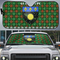 Guadeloupe Christmas Auto Sun Shade with Green-Red Plaid Design, Sun and Sugarcane Emblem, and Santa Sleigh Motif - Wonder Print Shop