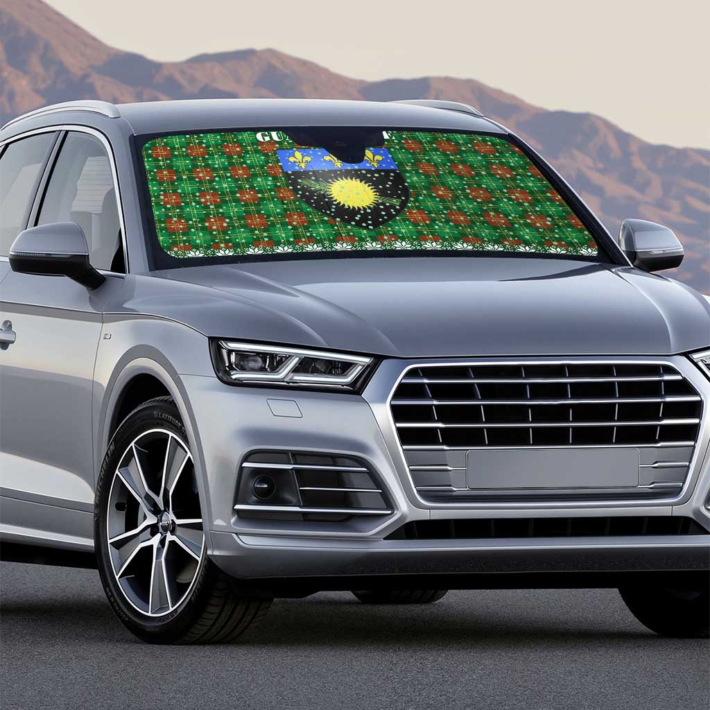 Guadeloupe Christmas Auto Sun Shade with Green-Red Plaid Design, Sun and Sugarcane Emblem, and Santa Sleigh Motif - Wonder Print Shop