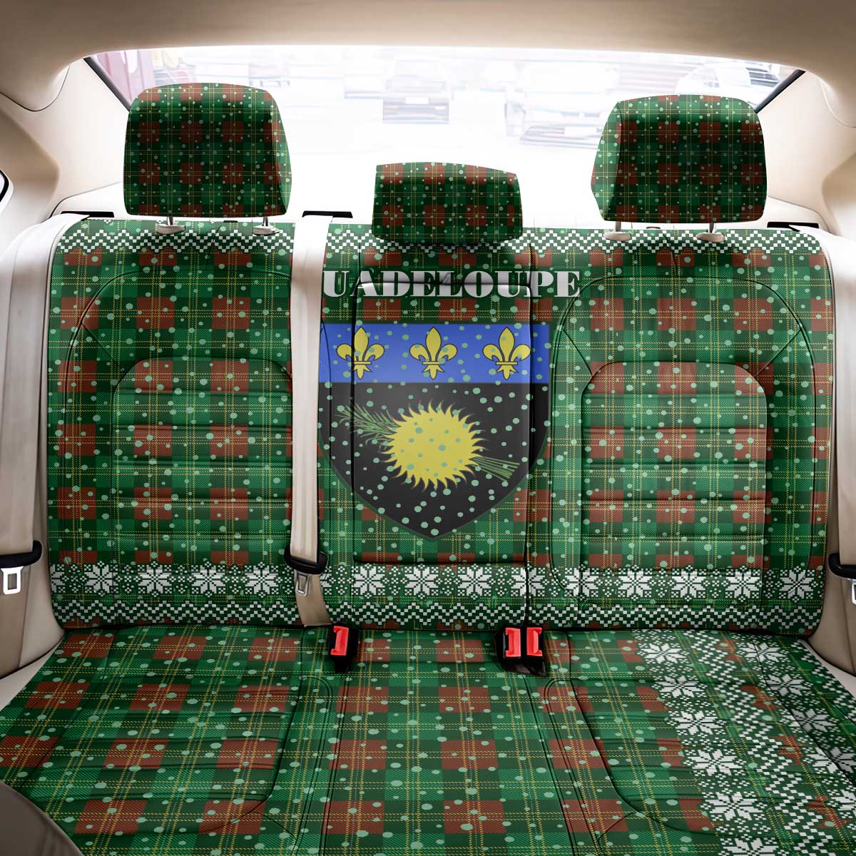 Guadeloupe Christmas Back Car Seat Cover with Green-Red Plaid Design, Sun and Sugarcane Emblem, and Santa Sleigh Motif - Wonder Print Shop