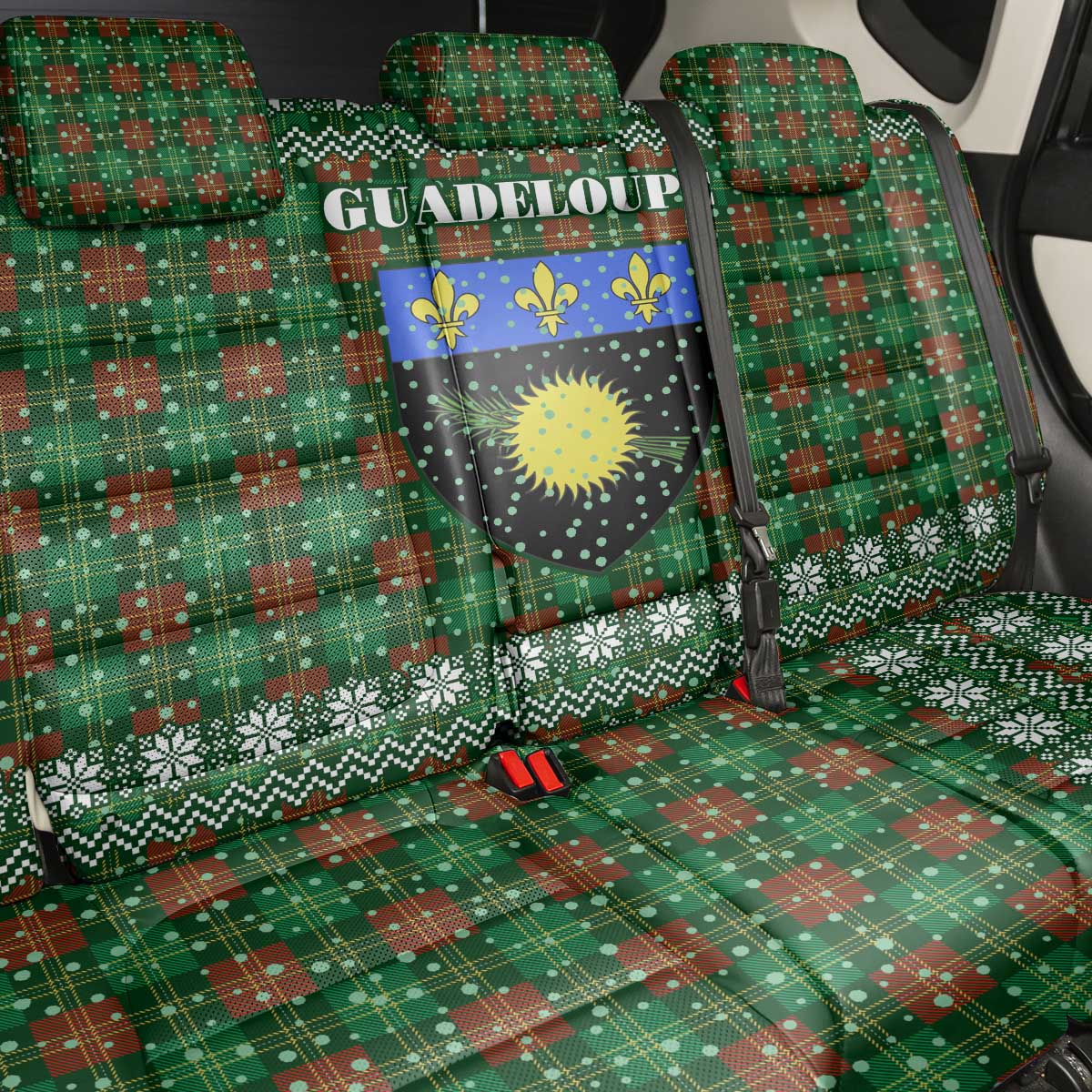 Guadeloupe Christmas Back Car Seat Cover with Green-Red Plaid Design, Sun and Sugarcane Emblem, and Santa Sleigh Motif - Wonder Print Shop