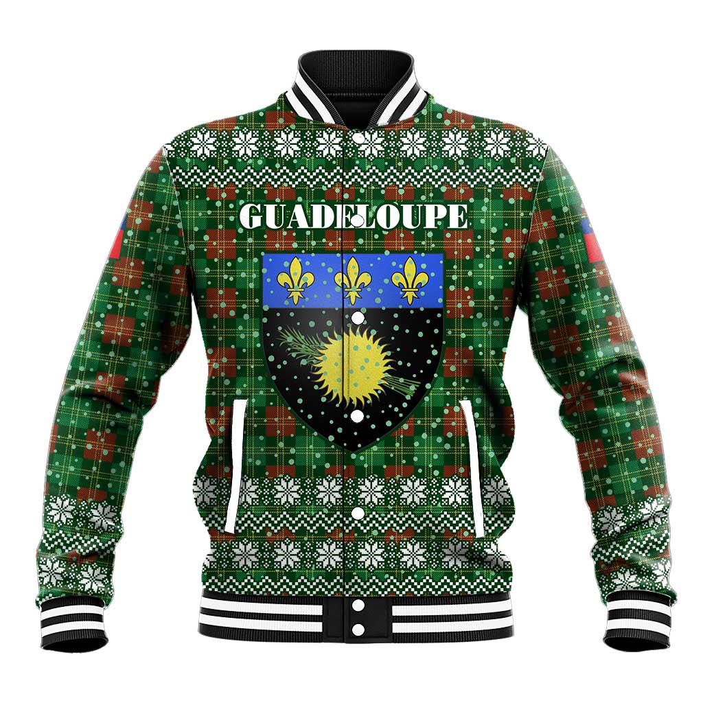 Guadeloupe Christmas Baseball Jacket with Green-Red Plaid Design, Sun and Sugarcane Emblem, and Santa Sleigh Motif - Wonder Print Shop