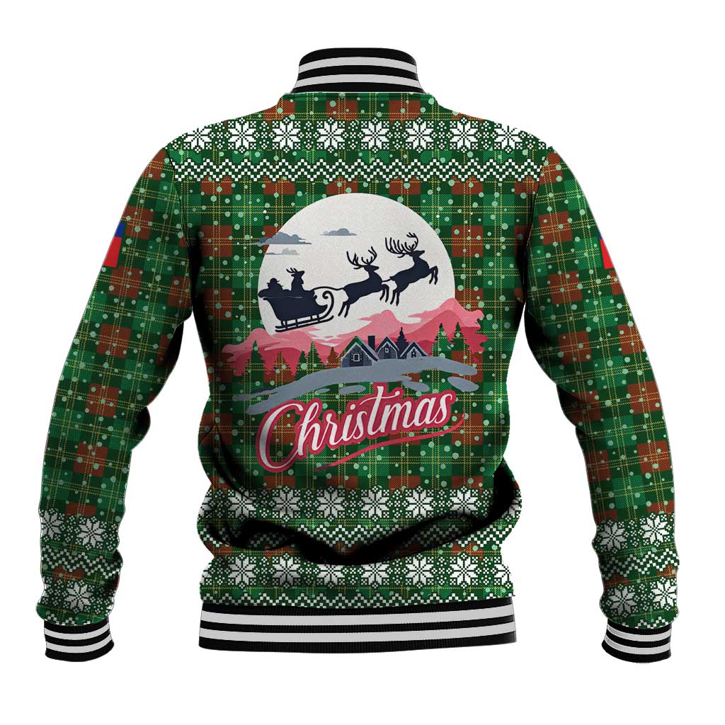 Guadeloupe Christmas Baseball Jacket with Green-Red Plaid Design, Sun and Sugarcane Emblem, and Santa Sleigh Motif - Wonder Print Shop