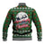 Guadeloupe Christmas Baseball Jacket with Green-Red Plaid Design, Sun and Sugarcane Emblem, and Santa Sleigh Motif - Wonder Print Shop