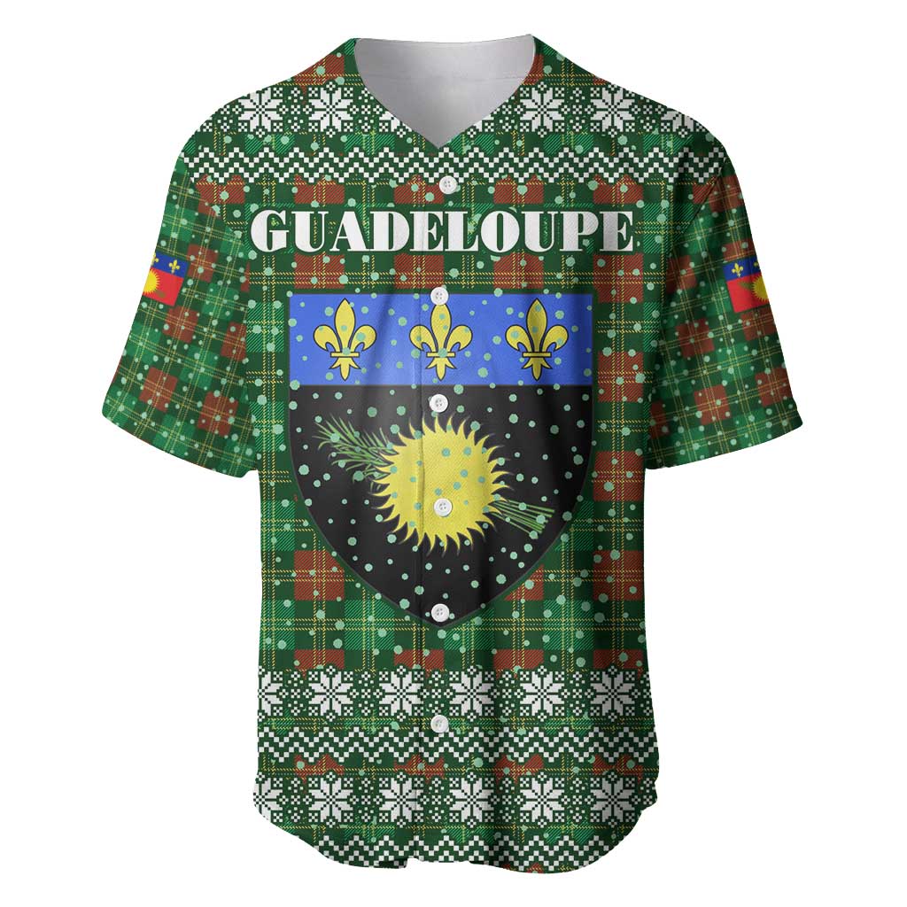 Guadeloupe Christmas Baseball Jersey with Green-Red Plaid Design, Sun and Sugarcane Emblem, and Santa Sleigh Motif - Wonder Print Shop