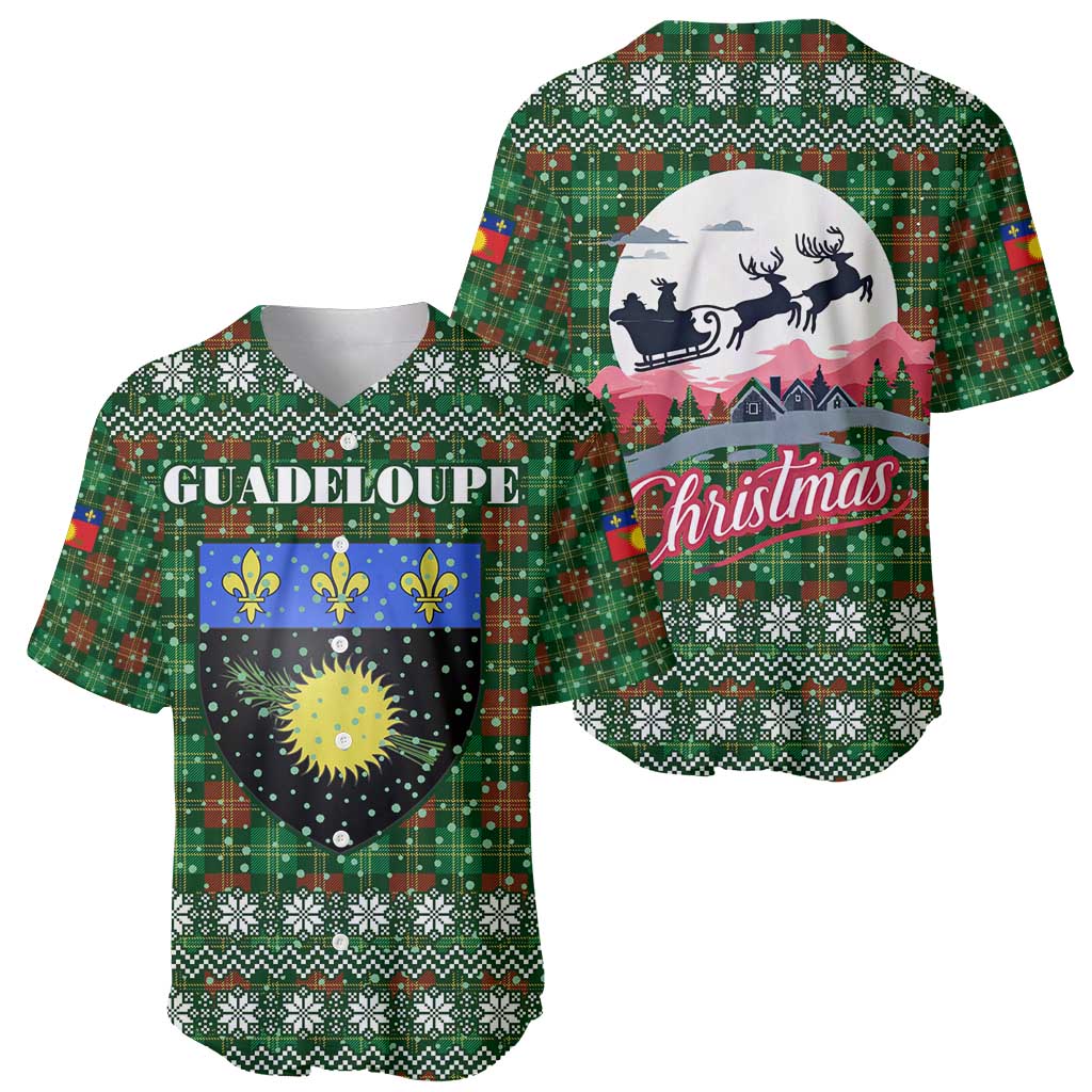 Guadeloupe Christmas Baseball Jersey with Green-Red Plaid Design, Sun and Sugarcane Emblem, and Santa Sleigh Motif - Wonder Print Shop