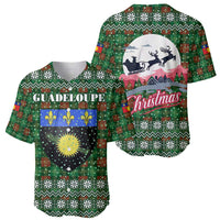 Guadeloupe Christmas Baseball Jersey with Green-Red Plaid Design, Sun and Sugarcane Emblem, and Santa Sleigh Motif - Wonder Print Shop